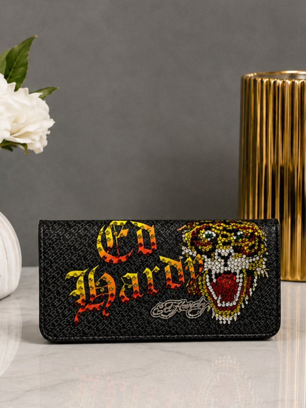 Ed Hardy Rhinestone Tiger Flap Clutch Wallet Black Y2K NWT